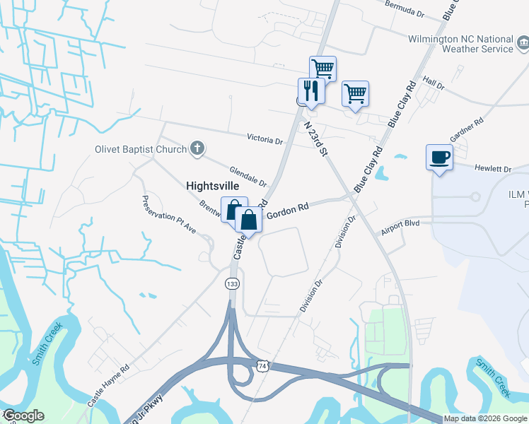 map of restaurants, bars, coffee shops, grocery stores, and more near 1704 Castle Hayne Road in Wilmington