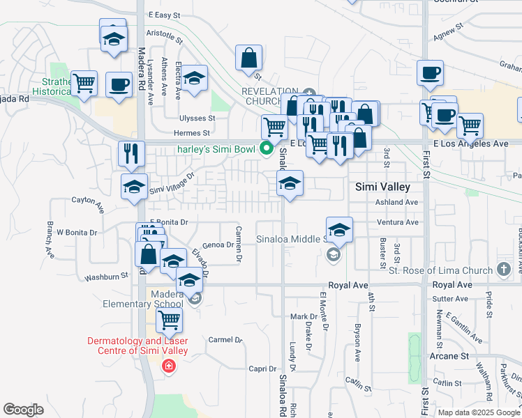 map of restaurants, bars, coffee shops, grocery stores, and more near 1668 Woodscent Lane in Simi Valley