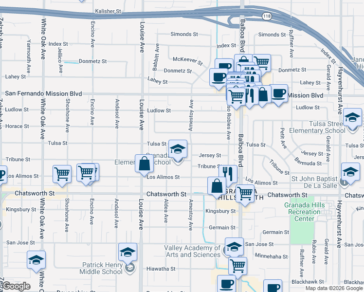 map of restaurants, bars, coffee shops, grocery stores, and more near 17162 Tulsa Street in Los Angeles