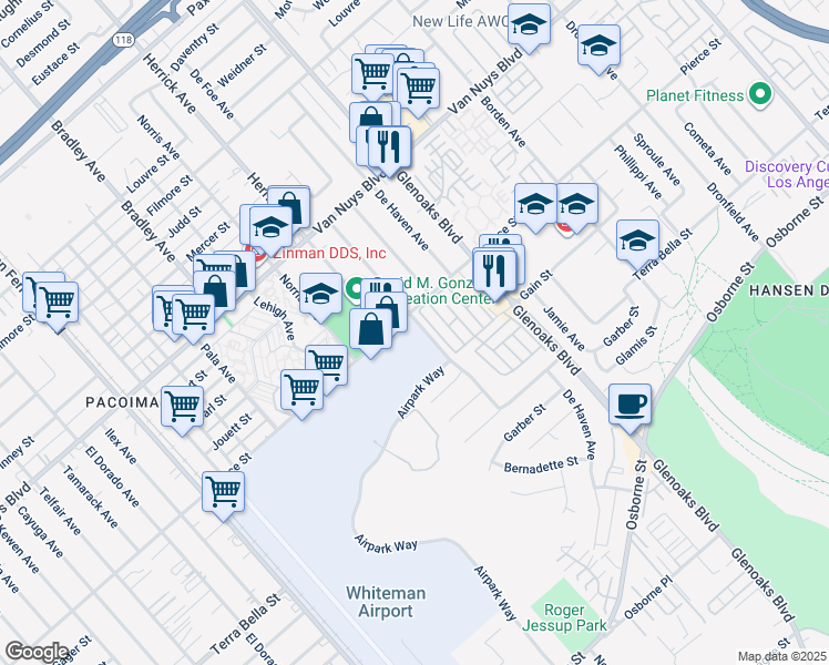 map of restaurants, bars, coffee shops, grocery stores, and more near 12765 Pierce Street in Los Angeles