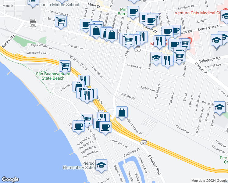 map of restaurants, bars, coffee shops, grocery stores, and more near 2276 Channel Drive in Ventura