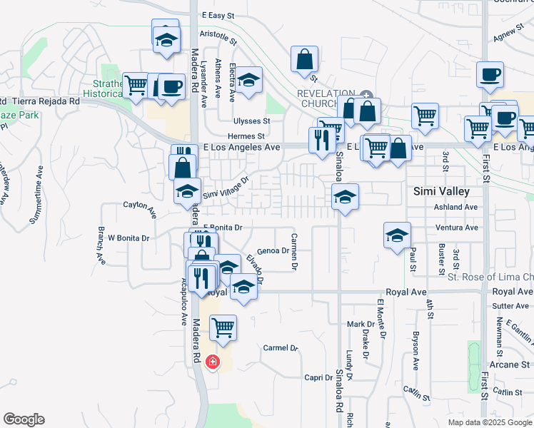 map of restaurants, bars, coffee shops, grocery stores, and more near 1743 Woodloch Lane in Simi Valley