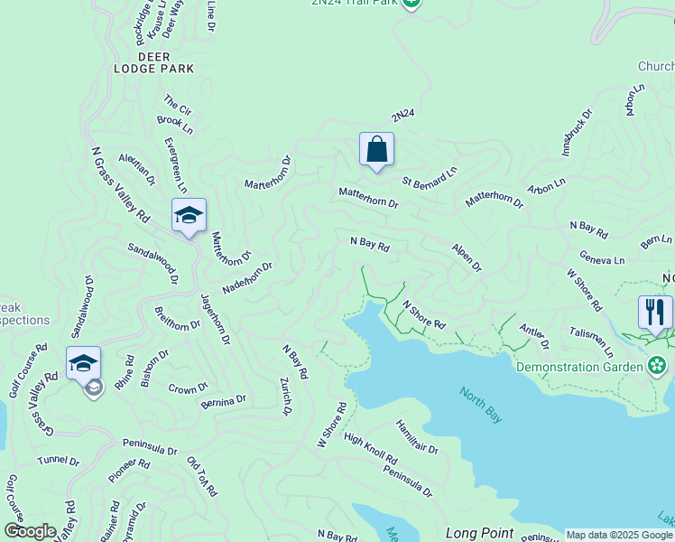 map of restaurants, bars, coffee shops, grocery stores, and more near 27571 North Bay Road in Lake Arrowhead