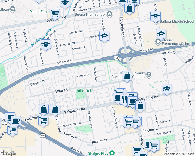 map of restaurants, bars, coffee shops, grocery stores, and more near 5554 Newman Street in Ventura