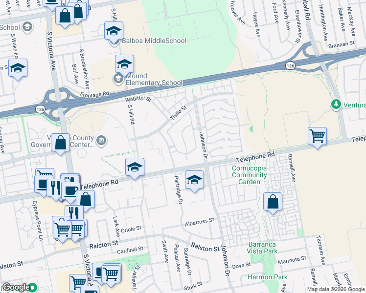 map of restaurants, bars, coffee shops, grocery stores, and more near 925 Sandberg Lane in Ventura