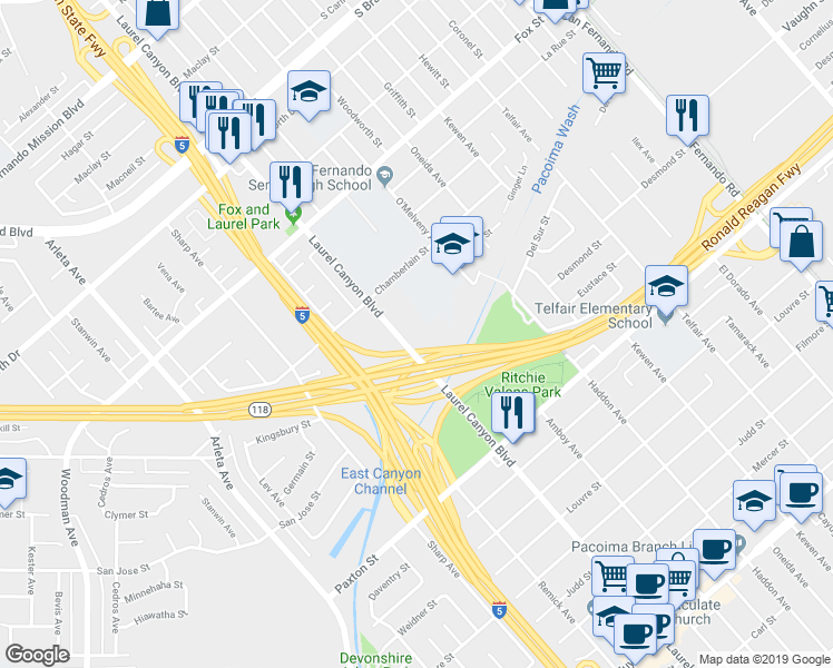 map of restaurants, bars, coffee shops, grocery stores, and more near 10906 Laurel Canyon Boulevard in San Fernando