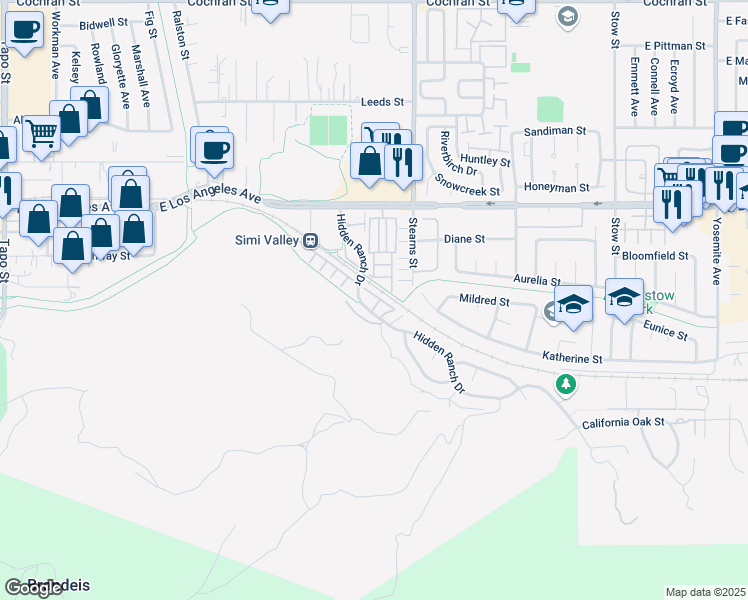 map of restaurants, bars, coffee shops, grocery stores, and more near 5112 Hidden Vista Court in Simi Valley