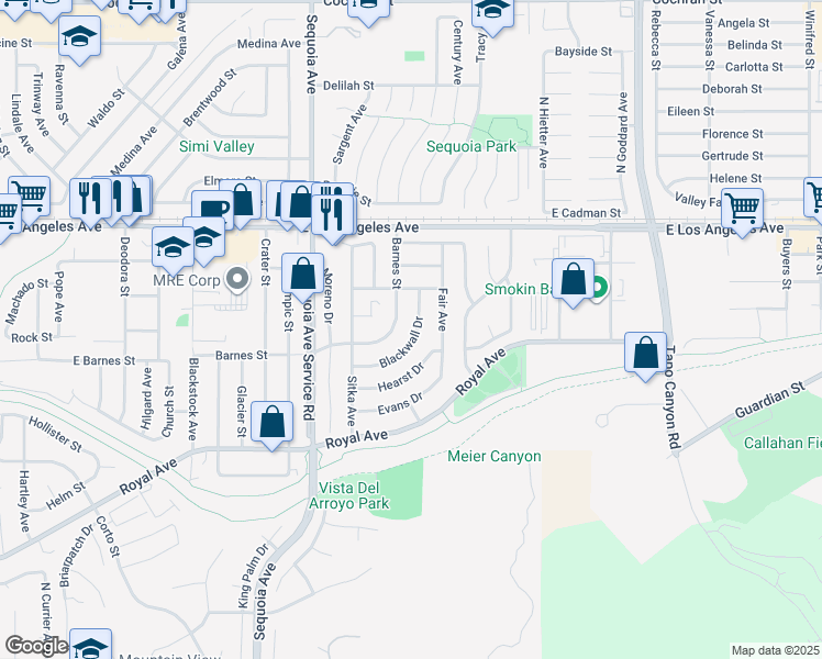 map of restaurants, bars, coffee shops, grocery stores, and more near 1751 Blackwall Drive in Simi Valley