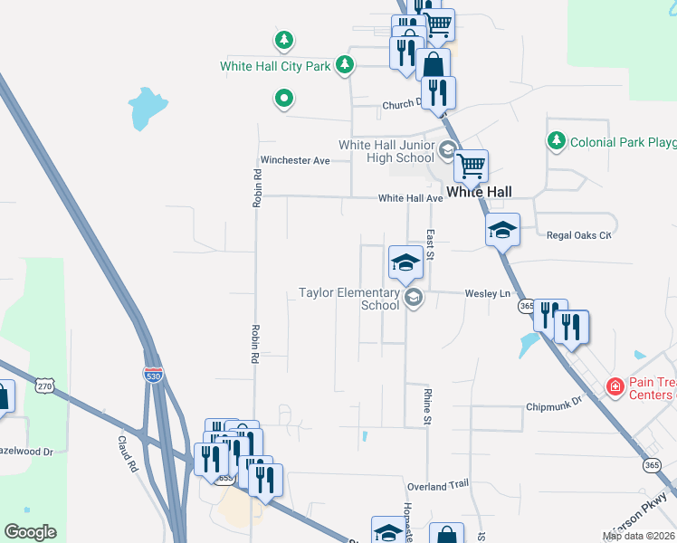 map of restaurants, bars, coffee shops, grocery stores, and more near 604 Meredith Street in White Hall