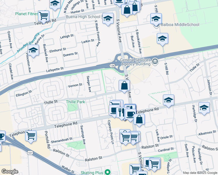 map of restaurants, bars, coffee shops, grocery stores, and more near 735 County Square Drive in Ventura