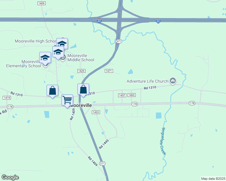 map of restaurants, bars, coffee shops, grocery stores, and more near 100 County Road 1449 in Mooreville