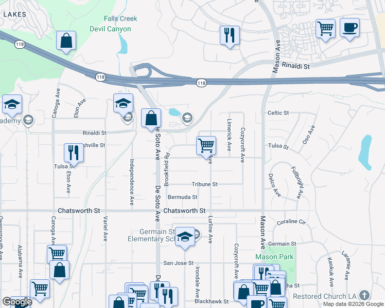 map of restaurants, bars, coffee shops, grocery stores, and more near 20741 Tulsa Street in Los Angeles