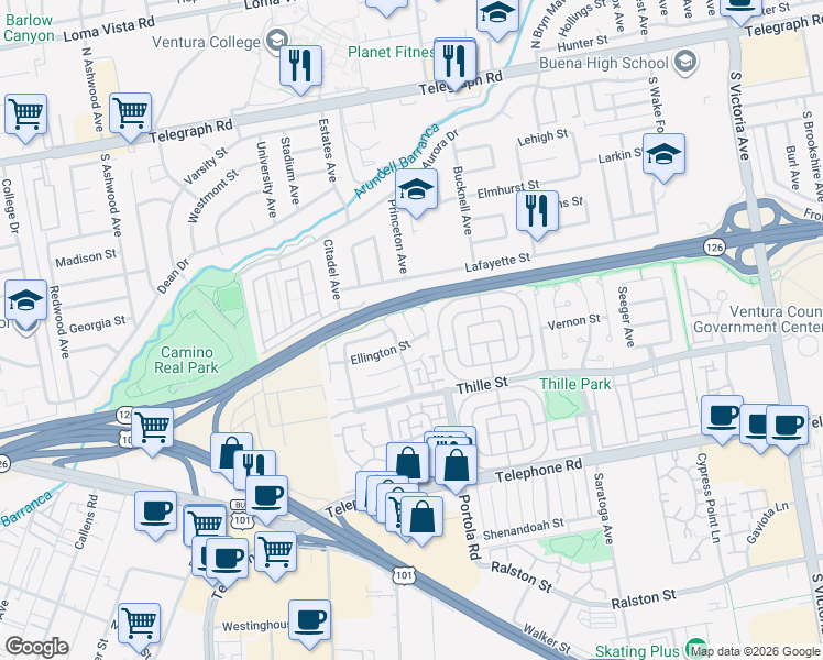map of restaurants, bars, coffee shops, grocery stores, and more near 541 Schuman Place in Ventura