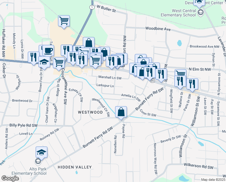 map of restaurants, bars, coffee shops, grocery stores, and more near 204 Alma Road in Rome