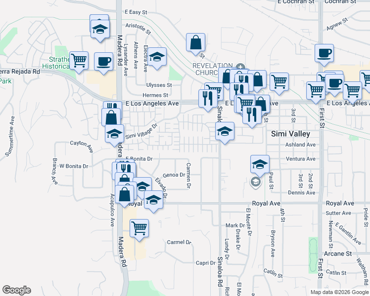 map of restaurants, bars, coffee shops, grocery stores, and more near 1678 Larksberry Lane in Simi Valley