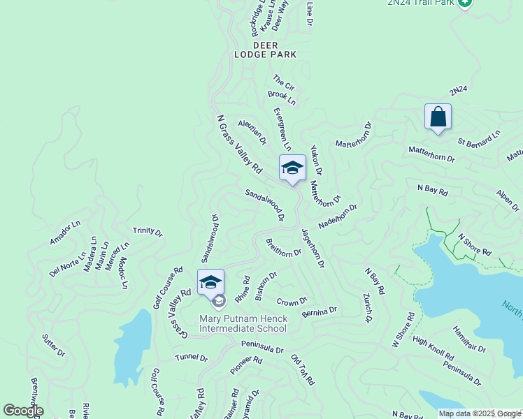map of restaurants, bars, coffee shops, grocery stores, and more near 1021 Teakwood Drive in Lake Arrowhead