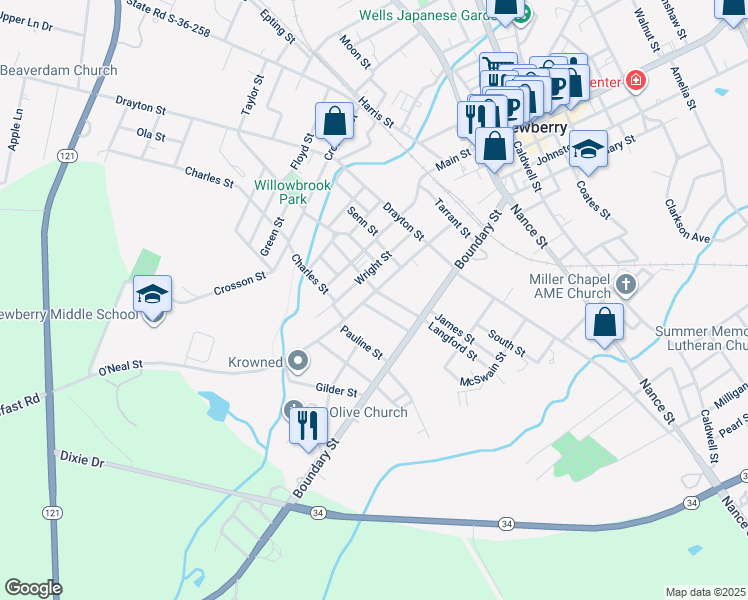 map of restaurants, bars, coffee shops, grocery stores, and more near 605 O'Neal Street in Newberry