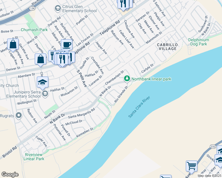 map of restaurants, bars, coffee shops, grocery stores, and more near 9682 Chamberlain Street in Ventura