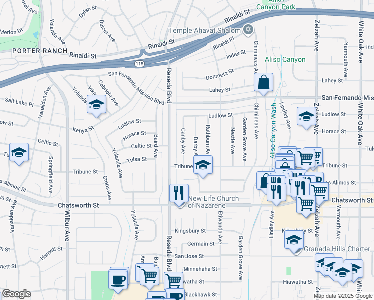map of restaurants, bars, coffee shops, grocery stores, and more near 10908 Canby Avenue in Los Angeles