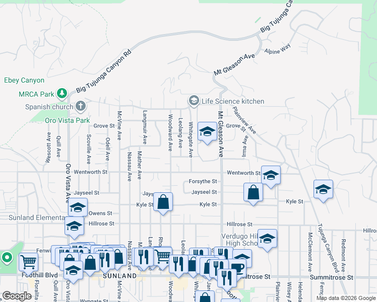 map of restaurants, bars, coffee shops, grocery stores, and more near 11006 Whitegate Avenue in Los Angeles