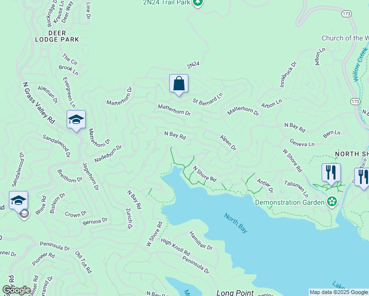 map of restaurants, bars, coffee shops, grocery stores, and more near 27663 North Bay Road in Lake Arrowhead