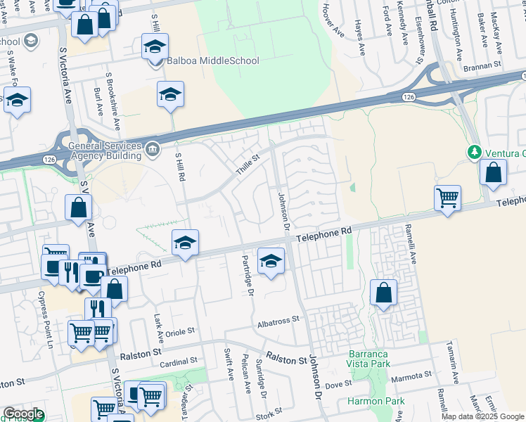map of restaurants, bars, coffee shops, grocery stores, and more near 926 Sandberg Lane in Ventura