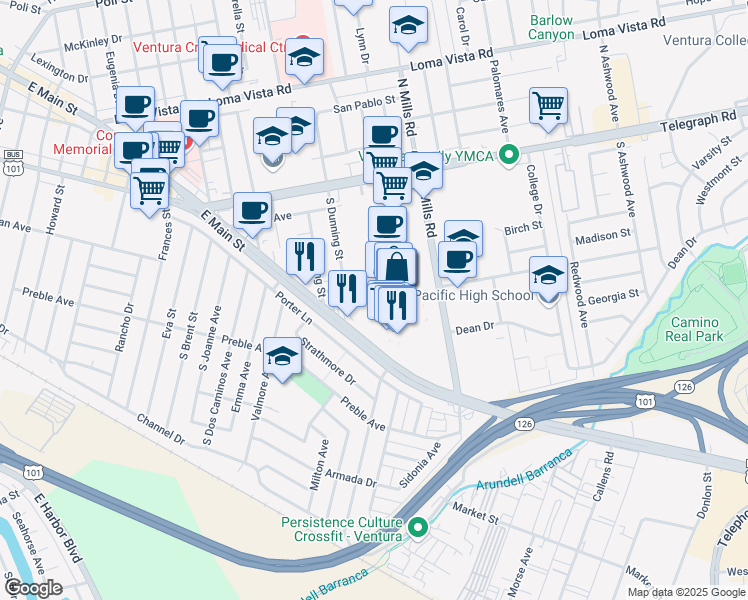 map of restaurants, bars, coffee shops, grocery stores, and more near 300 South Dunning Street in Ventura