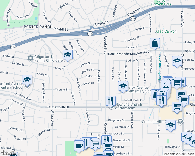 map of restaurants, bars, coffee shops, grocery stores, and more near 18600 Celtic Street in Los Angeles