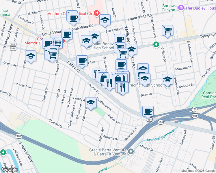 map of restaurants, bars, coffee shops, grocery stores, and more near 3209 Ocean Avenue in Ventura