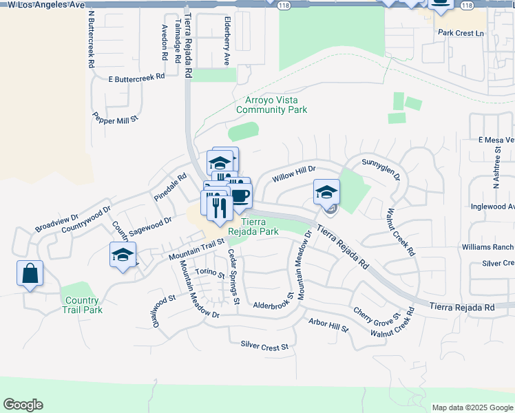 map of restaurants, bars, coffee shops, grocery stores, and more near 12202 Willow Spring Drive in Moorpark