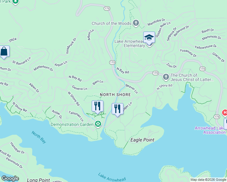 map of restaurants, bars, coffee shops, grocery stores, and more near 929 Lucerne Lane in Lake Arrowhead