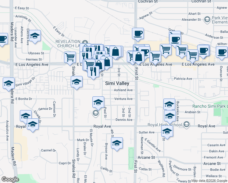 map of restaurants, bars, coffee shops, grocery stores, and more near 842 Ashland Avenue in Simi Valley