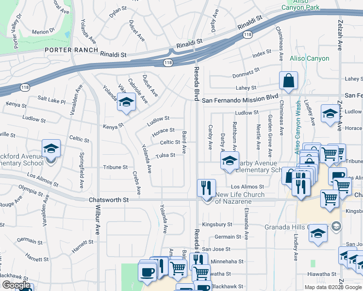 map of restaurants, bars, coffee shops, grocery stores, and more near 18600 Celtic Street in Los Angeles
