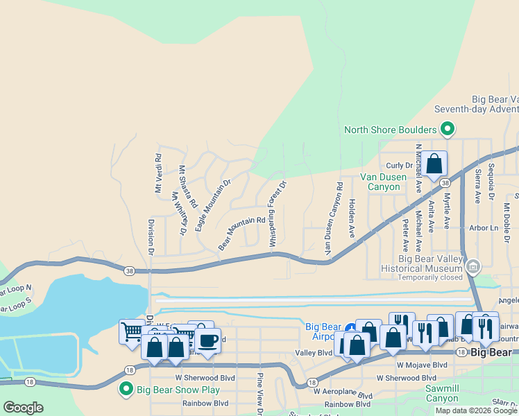 map of restaurants, bars, coffee shops, grocery stores, and more near 764 Panamint Mountain Drive in Big Bear