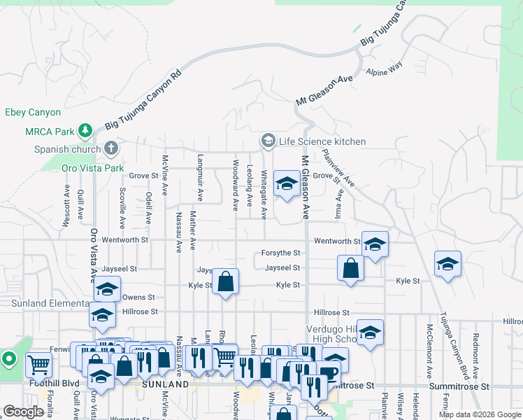 map of restaurants, bars, coffee shops, grocery stores, and more near 11006 Whitegate Avenue in Los Angeles