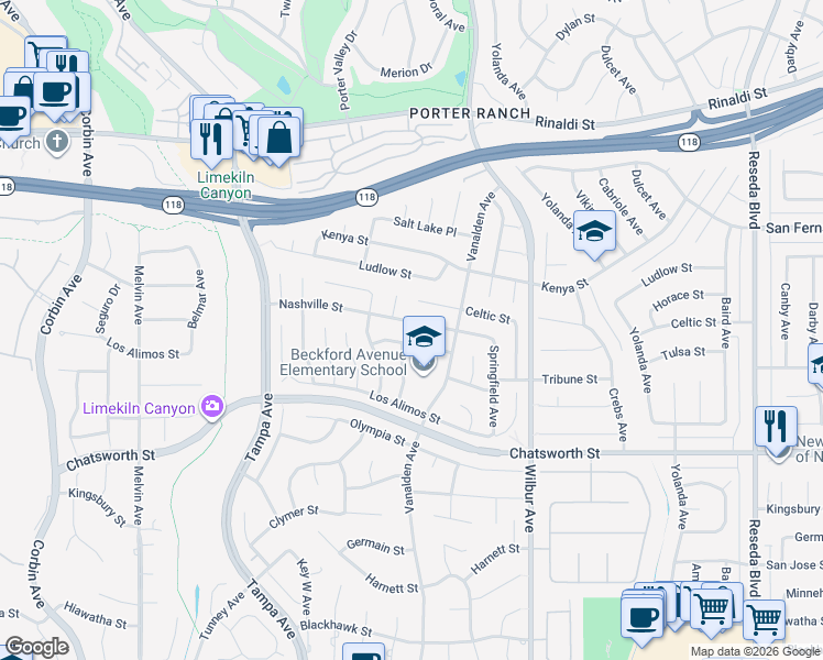 map of restaurants, bars, coffee shops, grocery stores, and more near 19117 Nashville Street in Los Angeles