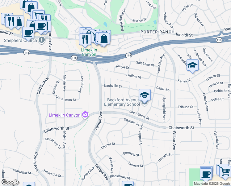 map of restaurants, bars, coffee shops, grocery stores, and more near 19234 Nashville Street in Los Angeles