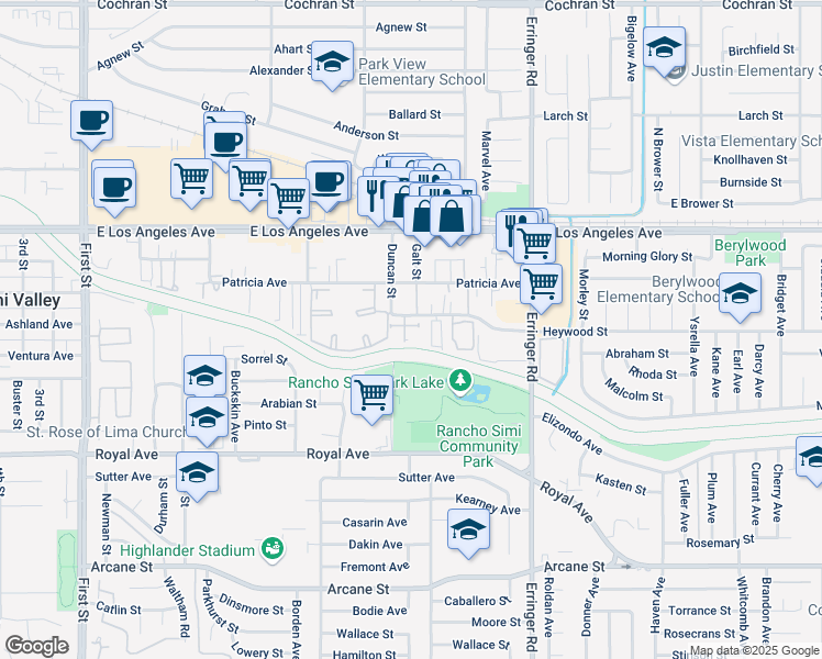 map of restaurants, bars, coffee shops, grocery stores, and more near 1630 Heywood Street in Simi Valley
