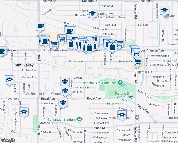 map of restaurants, bars, coffee shops, grocery stores, and more near 1522 Patricia Avenue in Simi Valley