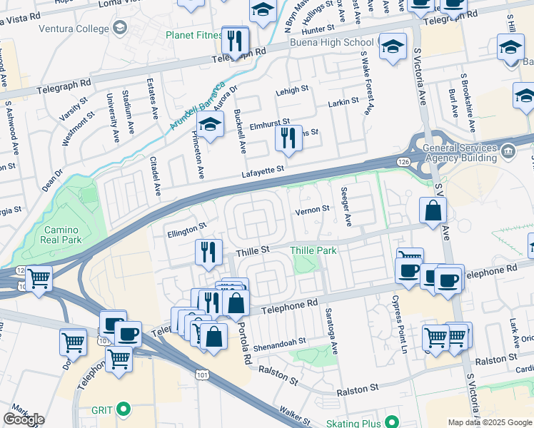 map of restaurants, bars, coffee shops, grocery stores, and more near 281 Rodgers Street in Ventura