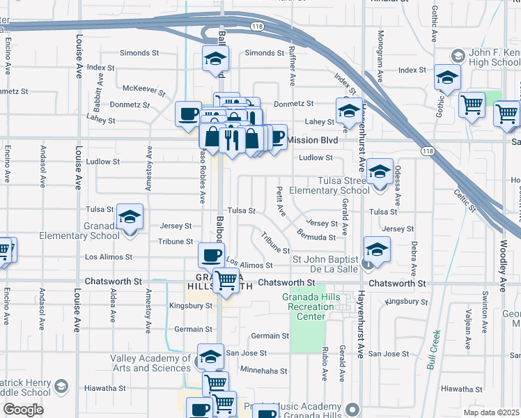 map of restaurants, bars, coffee shops, grocery stores, and more near 10905 Whitaker Avenue in Los Angeles