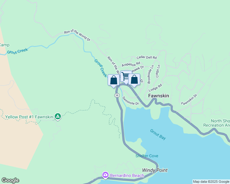 map of restaurants, bars, coffee shops, grocery stores, and more near 39128 North Shore Drive in Fawnskin