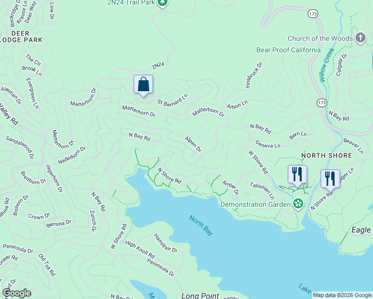 map of restaurants, bars, coffee shops, grocery stores, and more near 27809 Alpen Drive in Lake Arrowhead