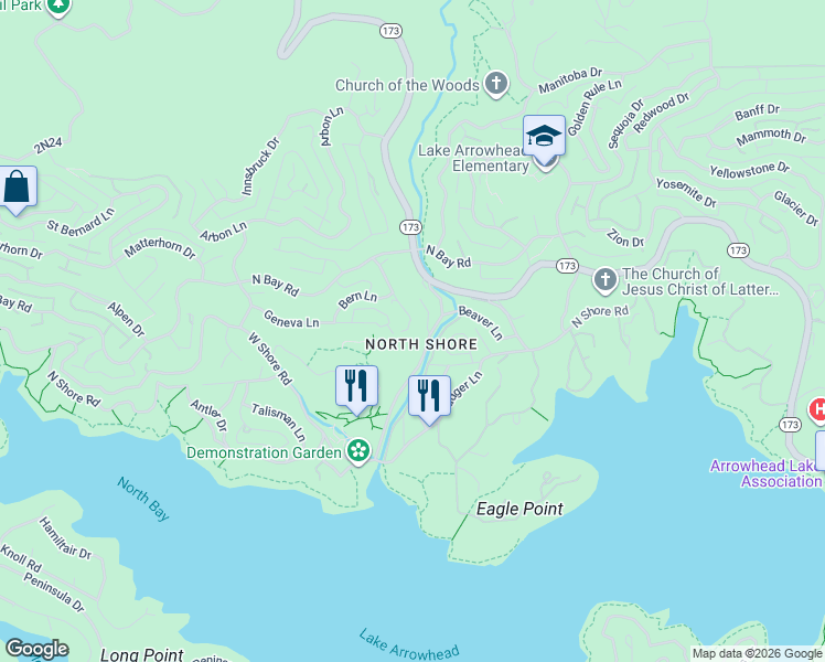 map of restaurants, bars, coffee shops, grocery stores, and more near 929 Lucerne Lane in Lake Arrowhead