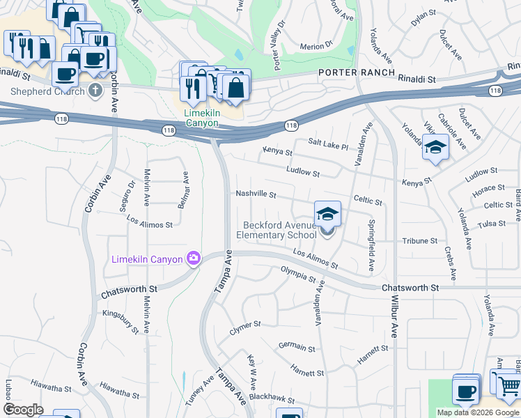 map of restaurants, bars, coffee shops, grocery stores, and more near 19234 Nashville Street in Los Angeles