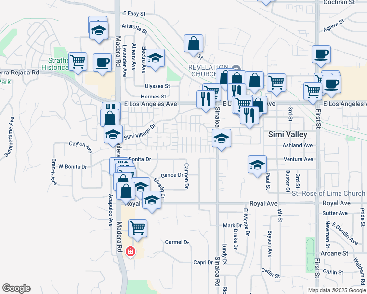 map of restaurants, bars, coffee shops, grocery stores, and more near 1690 Larksberry Lane in Simi Valley