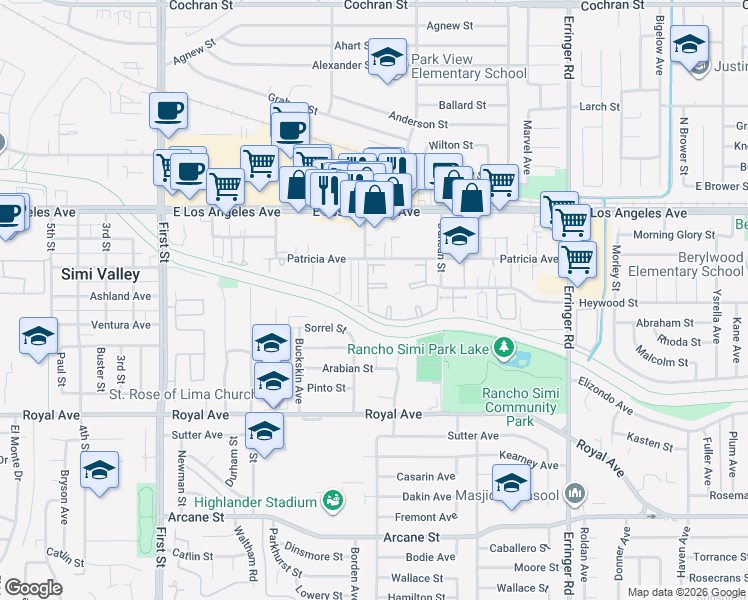 map of restaurants, bars, coffee shops, grocery stores, and more near 1522 Patricia Avenue in Simi Valley