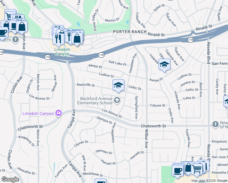 map of restaurants, bars, coffee shops, grocery stores, and more near 19117 Nashville Street in Los Angeles
