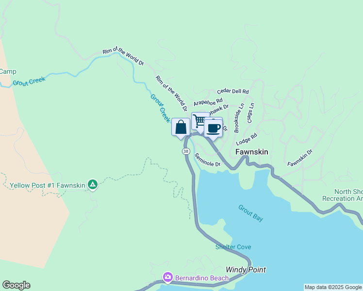 map of restaurants, bars, coffee shops, grocery stores, and more near 39128 North Shore Drive in Fawnskin
