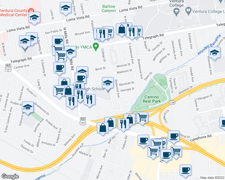 map of restaurants, bars, coffee shops, grocery stores, and more near 450 College Drive in Ventura